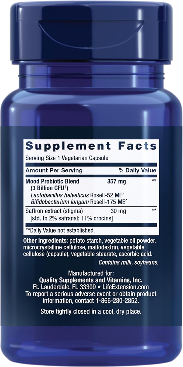 Life Extension FLORASSIST Mood - Probiotic & Saffron Blend – Gluten-Free, Non-GMO, Vegetarian - 30 Capsules Life Extension