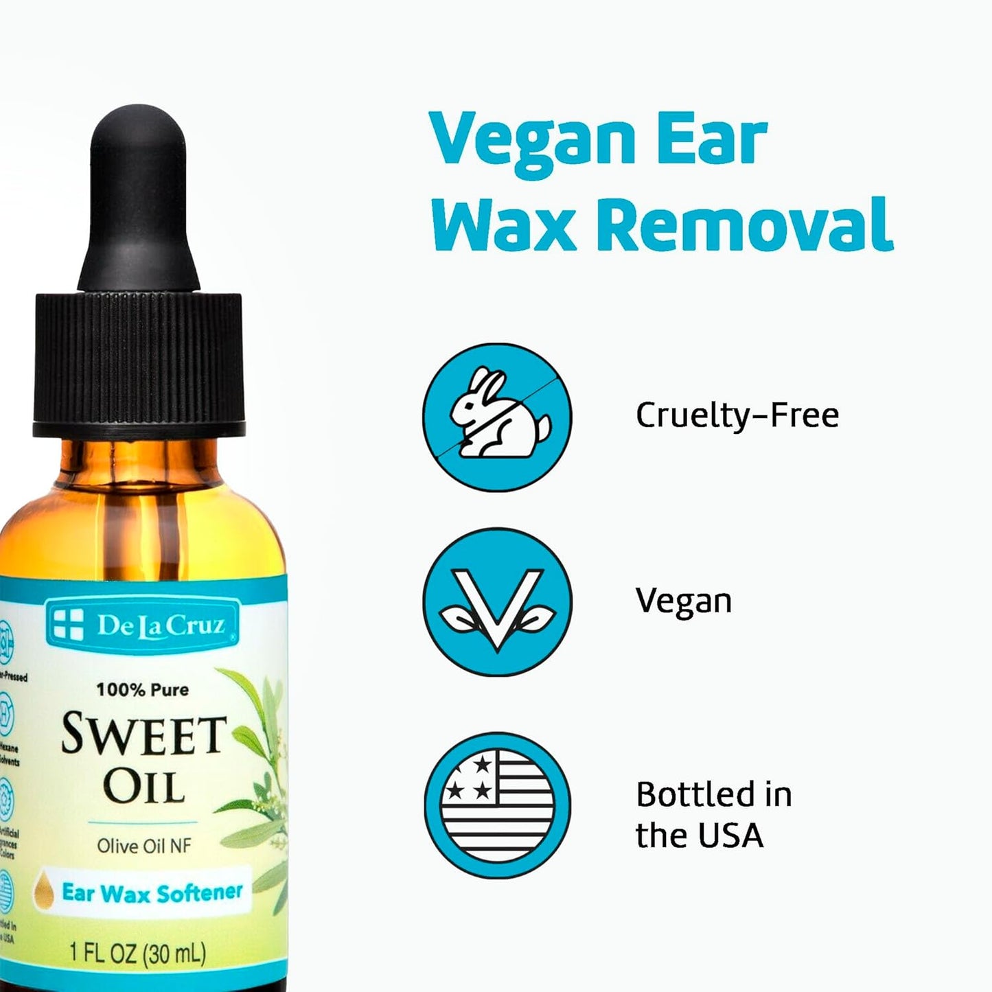 De La Cruz 100% Pure Sweet Oil for Ears - All Natural Ear Wax Softener with Dropper - 1 Fl OZ