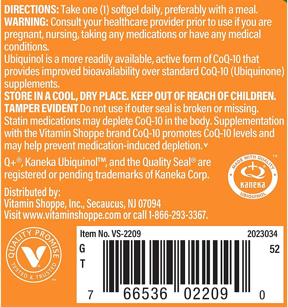 The Vitamin Shoppe Ubiquinol CoQ-10 200mg - Beneficial for Those Taking Statins – Supports Heart & Cellular Health and Healthy Energy Production, Essential Antioxidant – Once Daily (60 Softgels)