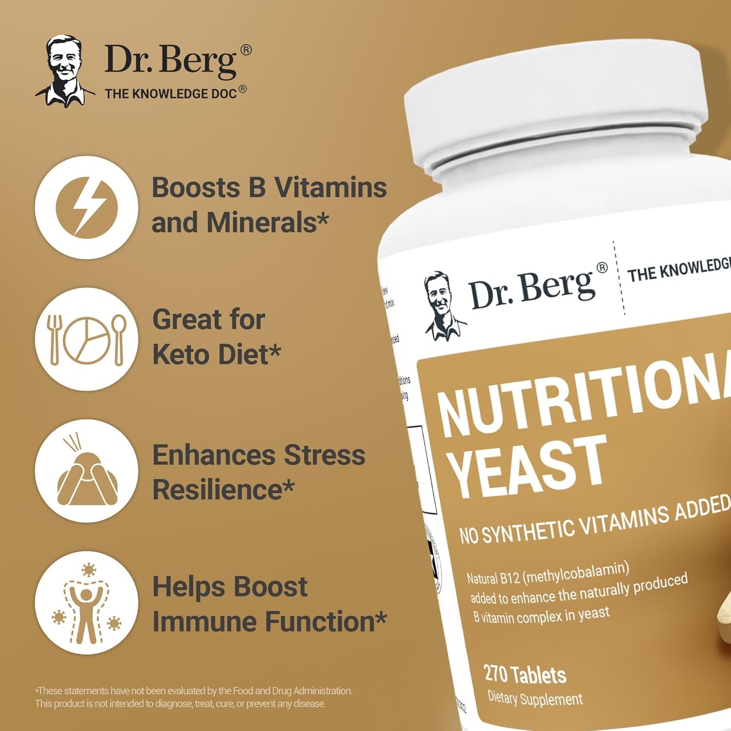 Dr. Berg Nutritional Yeast Tablets – Natural B12 Added – Organic Vanilla Flavor - 270 Vegan Tablets