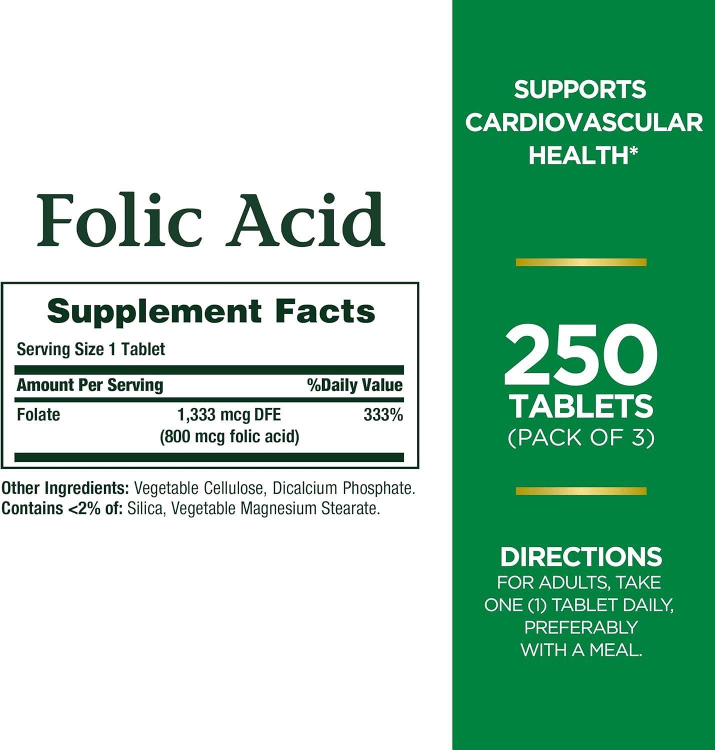 Nature's Bounty Folic Acid 800 mcg Tablets Maximum Strength 250 ct