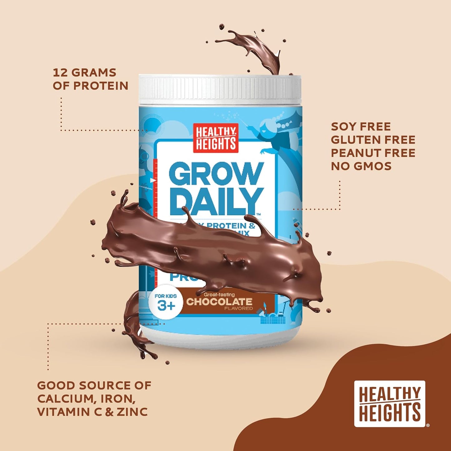 Healthy Height Grow Daily 3 Protein Powder (Chocolate) - Developed by Pediatricians - High in Protein Nutritional Shake - Contains Key Vitamins & Minerals 21.7 oz