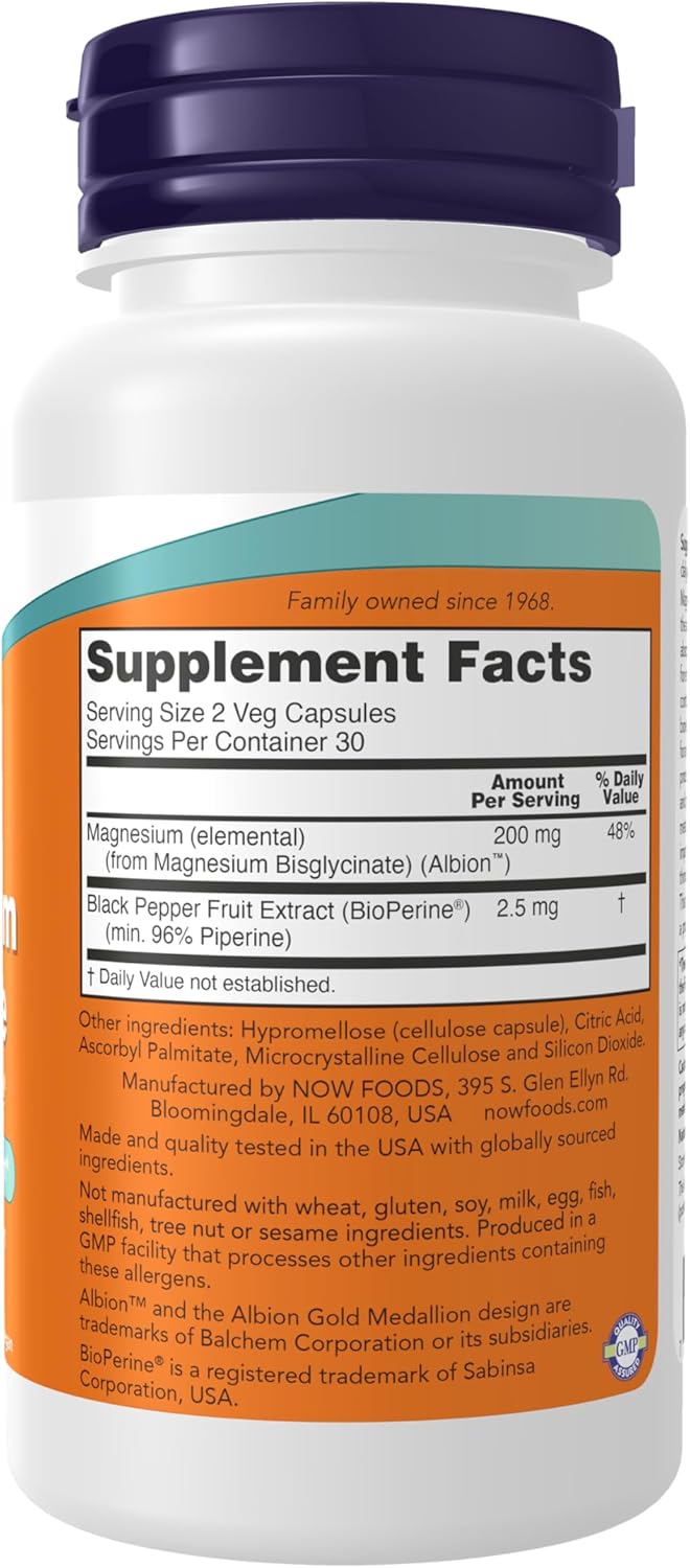 NOW Foods, Magnesium Glycinate With BioPerine®, 60 Veg Capsules