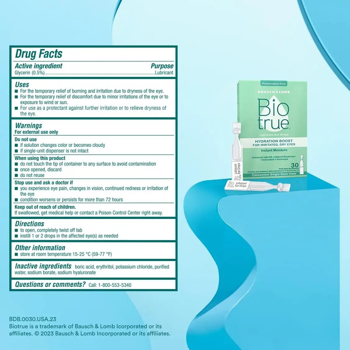 Biotrue Hydration Boost Eye Drops for Irritated, Dry Eyes in Single Dose Vials from Bausch + Lomb, Instant Moisture, Preservative Free, pH Balanced, Naturally Inspired, Pack of 30 Vials Biotrue