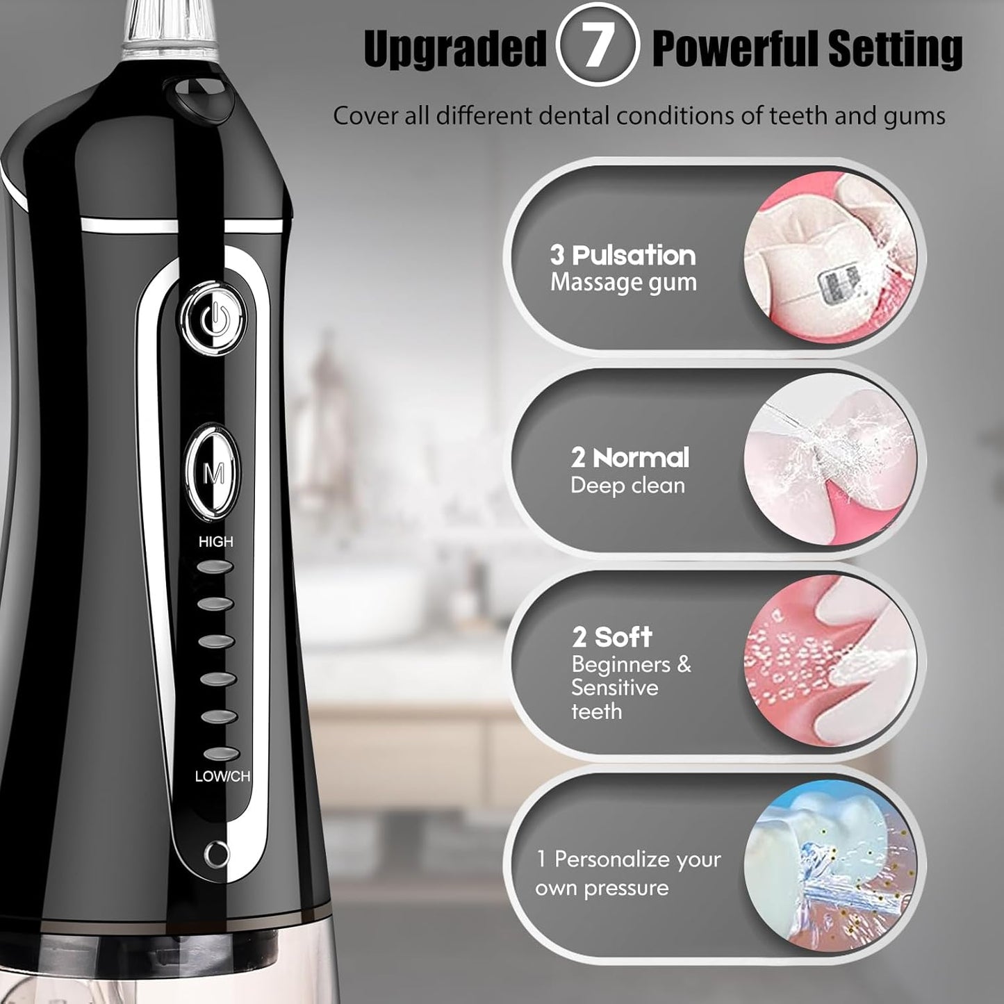 FZCOK Cordless Water Dental Flosser for Teeth Rechargeable - FZCOK 7 Clean Settings Oral Irrigator for Braces Adults Teeth Cleaning Portable with Long Battery Life, Waterproof