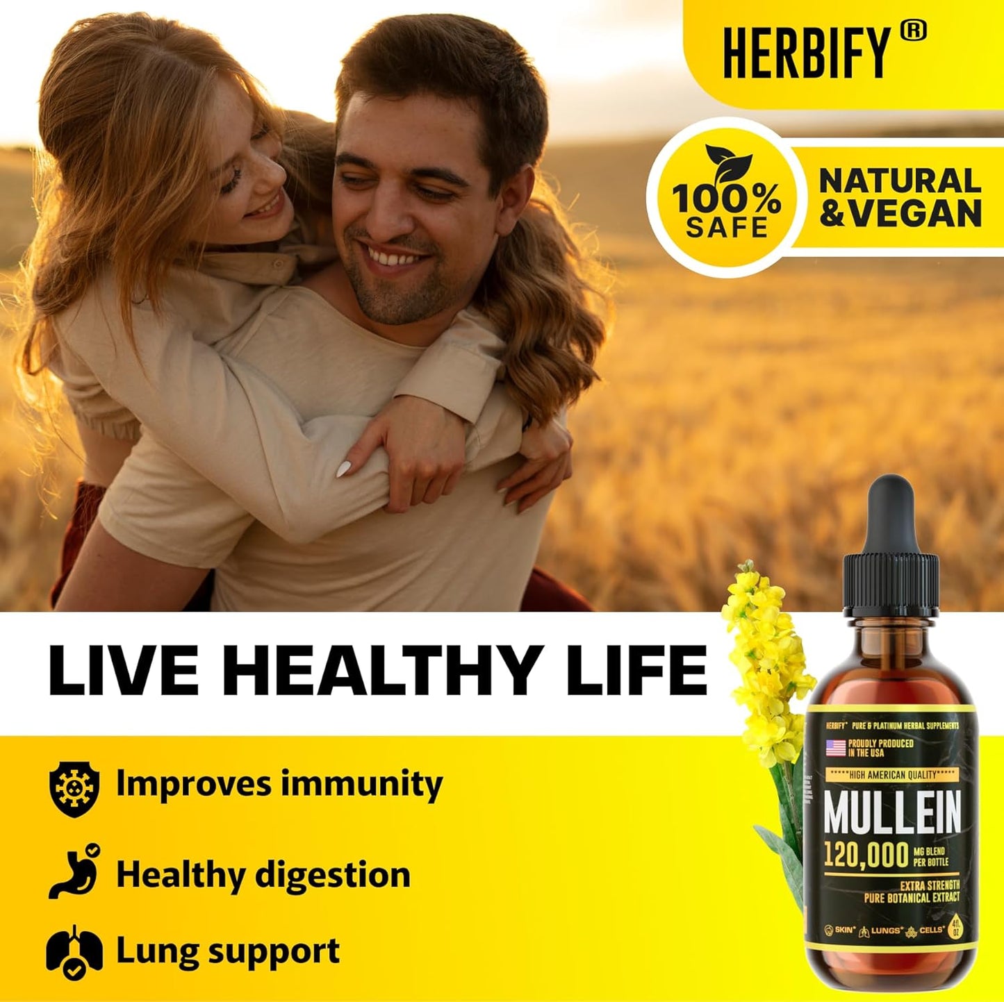 HERBIFY Mullein Drops - Lung Cleanse - Leaf Extract - Powerful Mullein for Immune Support,Detox & Respiratory Support - 4 Oz