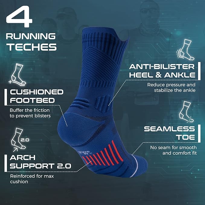 Coolmax Compression Running Socks 3 Pairs, Cushion Crew Socks, Anti-Blister Moisture Wicking Athletic Hiking Socks