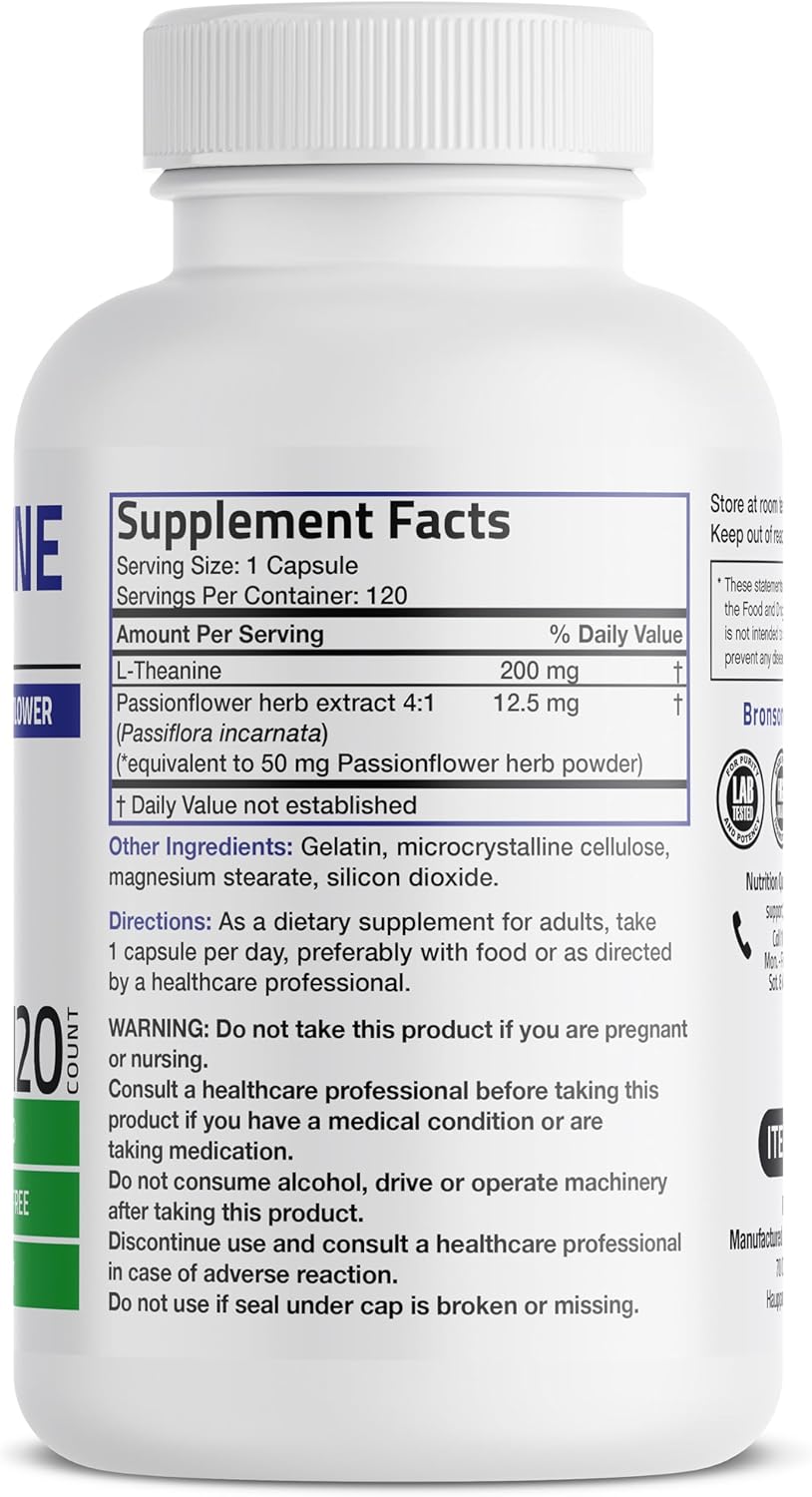 Bronson L-Theanine 200mg (Double-Strength) with Passion Flower Herb, 120 Capsules