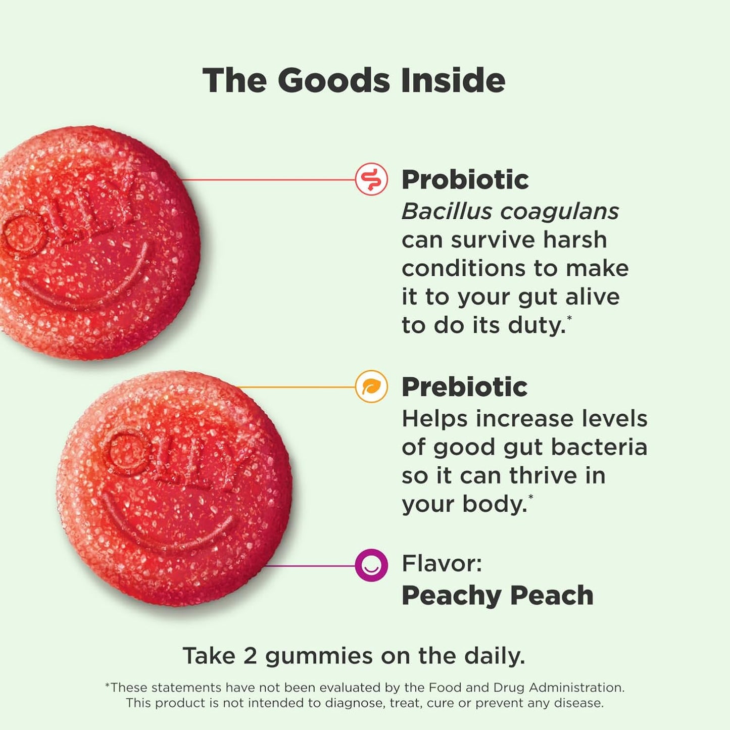 OLLY Probiotic + Prebiotic Gummy, Digestive Support and Gut Health, 500 Million CFUs for Men and Women, Peach, 30 Gummies