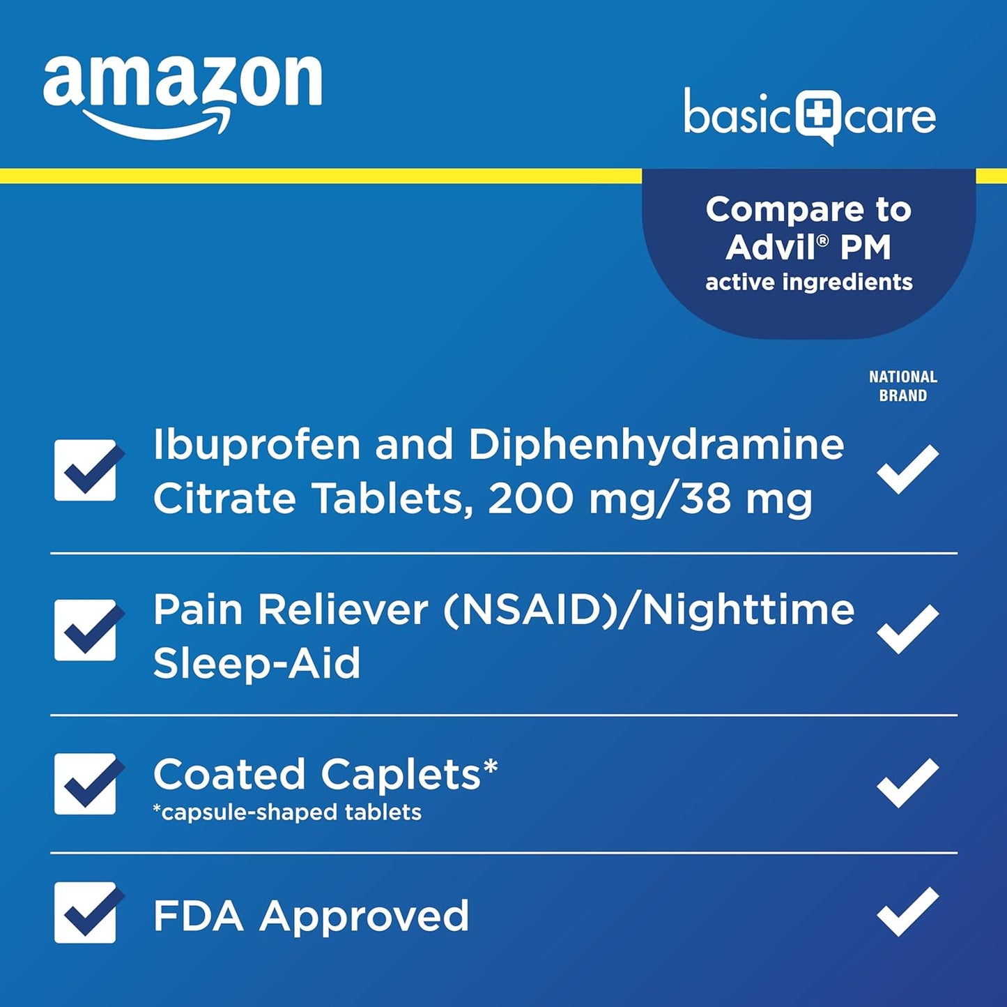 Amazon Basic Care Ibuprofen PM, Ibuprofen 200 mg and Diphenhydramine Citrate 38 mg Tablets, Pain Reliever and Nighttime Sleep-Aid, 120 Count