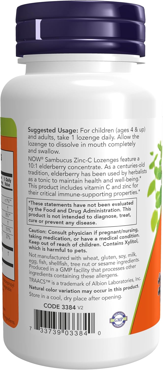 NOW Foods Supplements, Sambucus Zinc-C with Elderberry 60 Lozenges