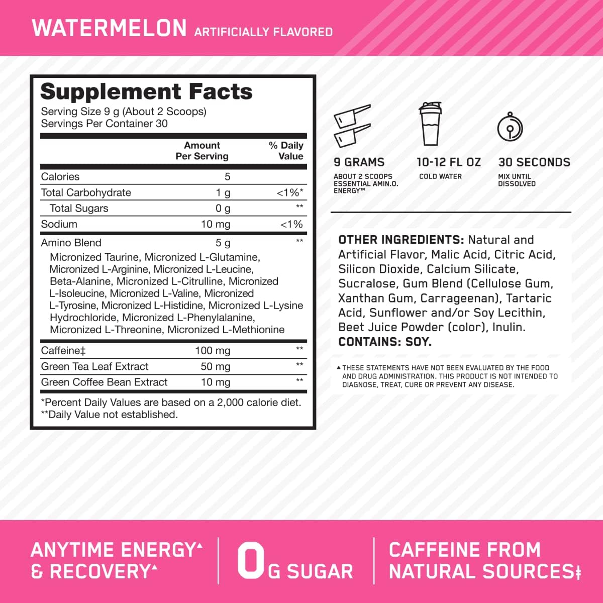 Optimum Nutrition Amino Energy - Pre Workout with Green Tea, BCAA, Amino Acids, Keto Friendly, Green Coffee Extract, Energy Powder - Watermelon, 30 Servings
