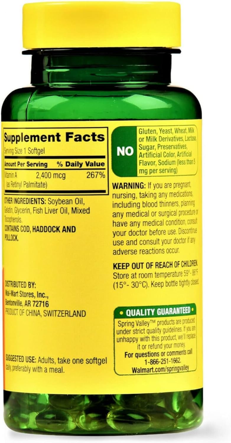 Spring Valley Vitamin A Softgels, 2400 mcg, 250 Count