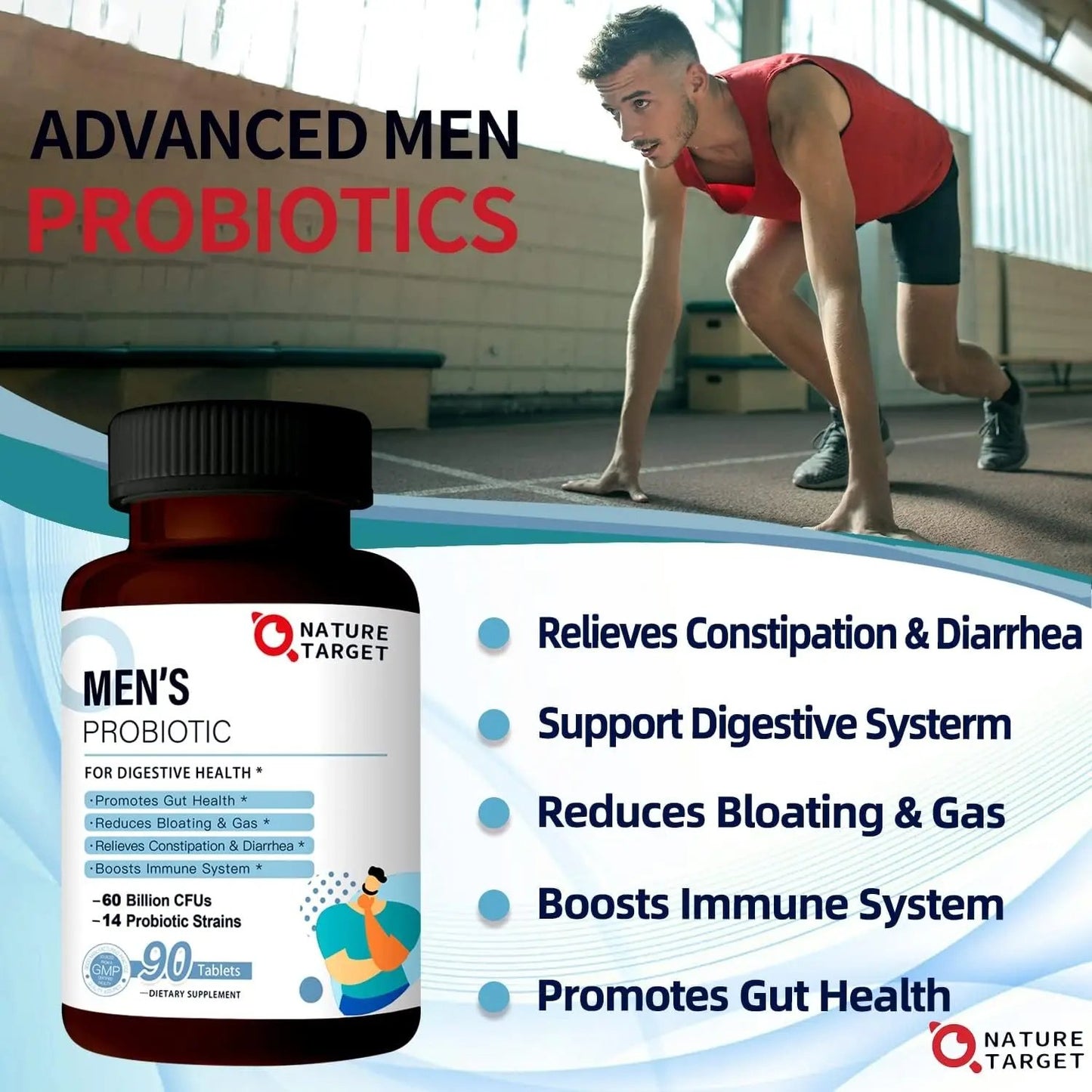 Nature Target Probiotics for Men with Men Care Supplement - 60 Billion CFUs & 14 Strains Dr. Formulated Prebiotics & Probiotics for Men's Digestive and Immune Health, Shelf Stable, Gluten & Soy Free (90 Tablets) Nature Target