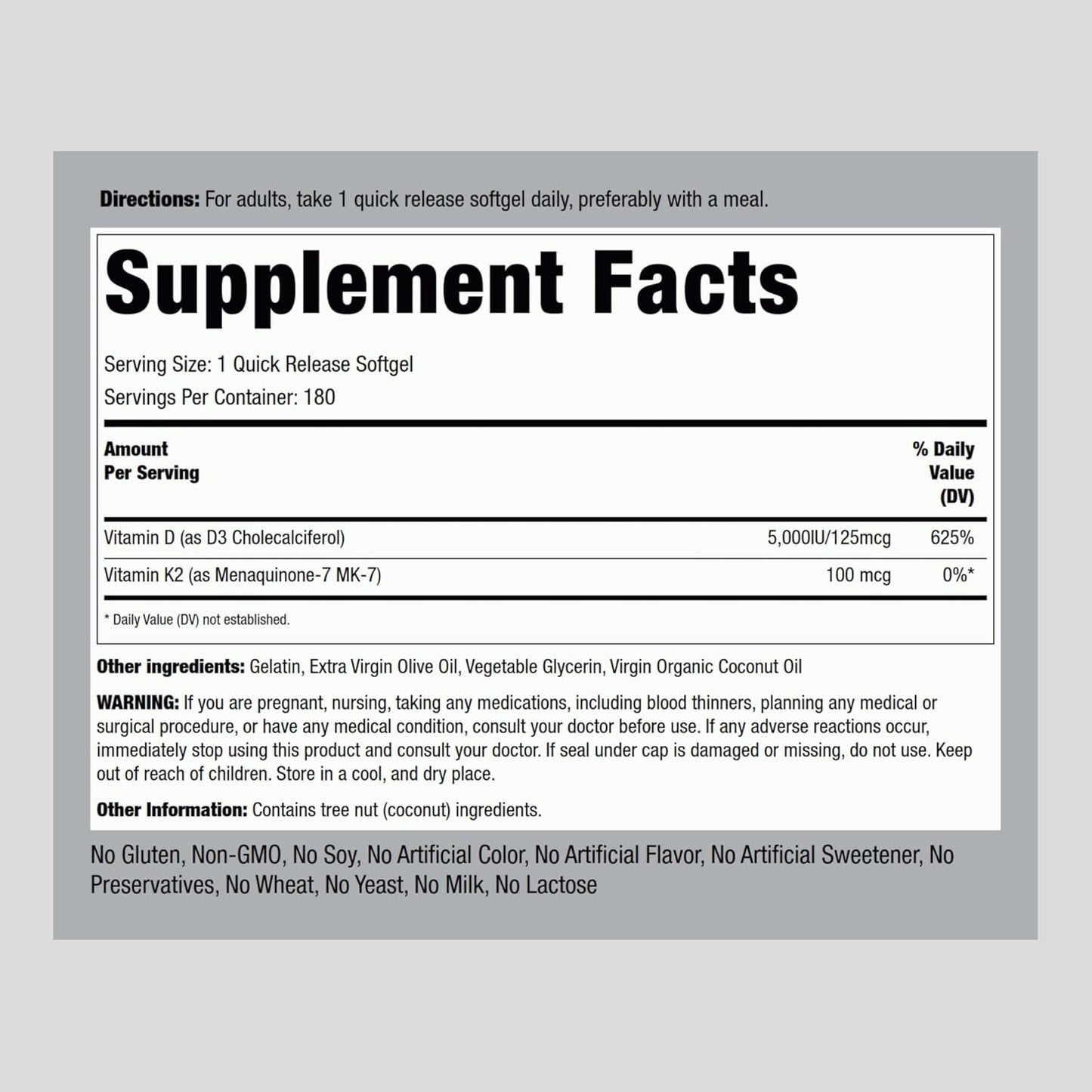 Piping Rock Vitamin K2 MK7 with D3 | 180 Capsules | 800 mcg Complex | Vitamin D3 5000 IU | Non-GMO, Gluten Free