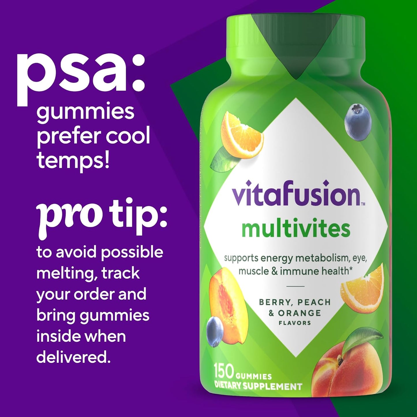 Vitafusion MultiVites Gummy Multivitamins for Adults with 12 Vitamins and Minerals, Berry, Peach and Orange Flavored, America’s Number 1 Gummy Vitamin Brand, 75 Day Supply, 150 Count Vitafusion