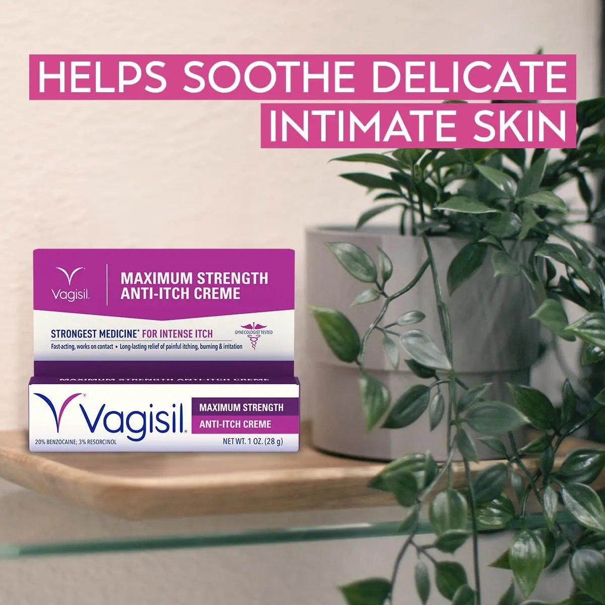 Vagisil Maximum Strength Feminine Anti-Itch Cream with Benzocaine for Women, Helps Relieve Yeast Infection Irritation, Gynecologist Tested, Fast-acting, Soothes and Cools Skin, 1 oz Vagisil