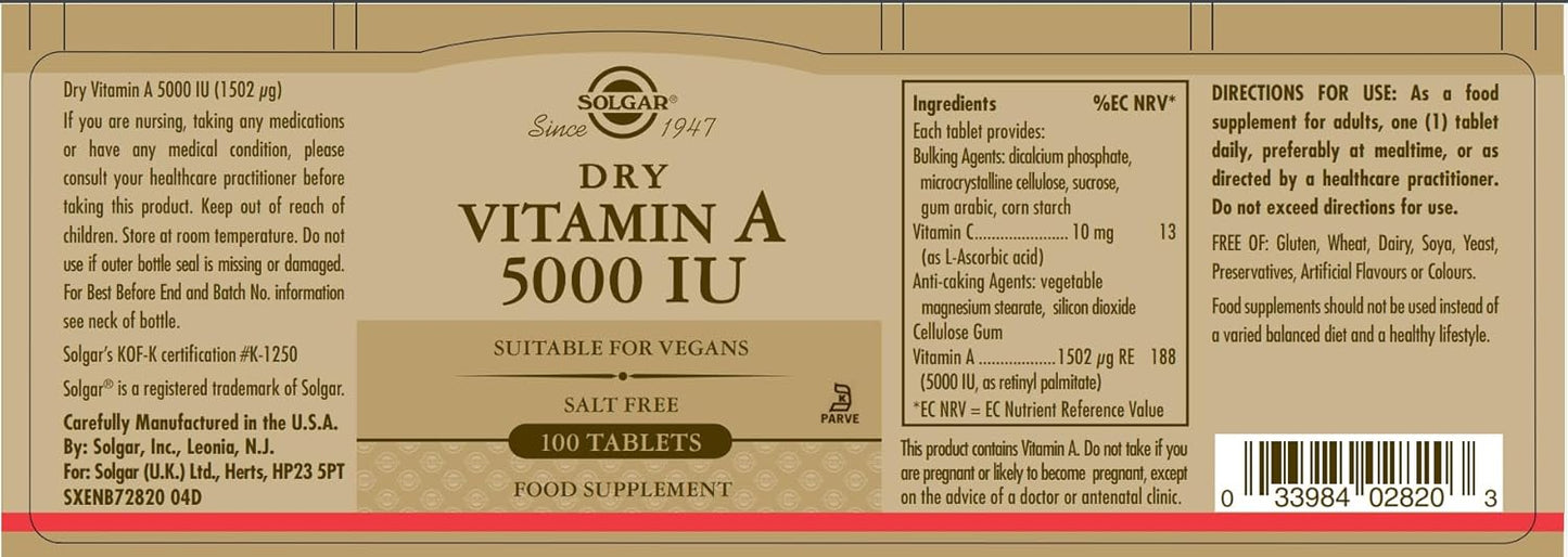 SOLGAR Dry Vitamin A 1500 mcg (5000 IU), 100 Tablets - Supports Healthy Eyes, Skin & Immune System - Non-GMO, Vegan, Gluten Free, Dairy Free, Kosher - 100 Servings