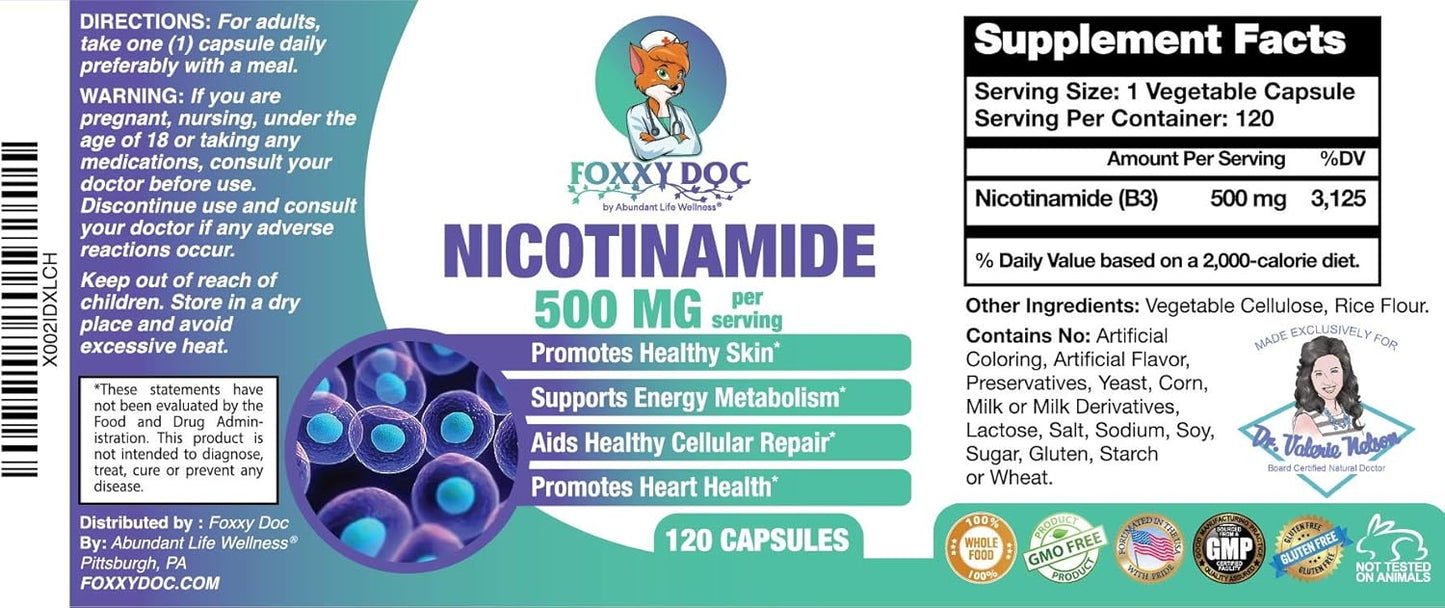 Dr. Valerie Nelson Nicotinamide 500 mg - Vitamin B3 - 120 Capsules