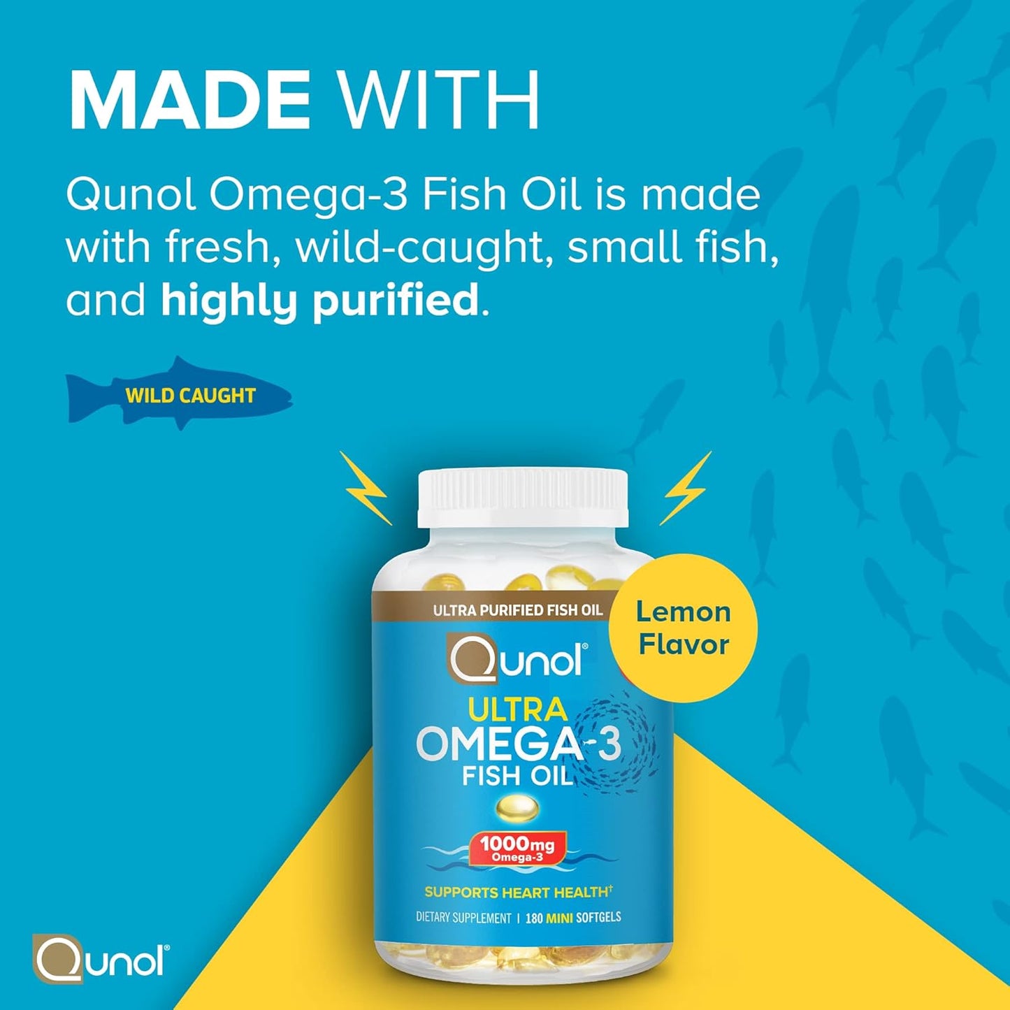 Qunol Omega 3 Fish Oil Mini Softgels, 1000mg Ultra Pure Fish Oil, Heart Health Support, Omega 3 DHA Supplements, Lemon Flavor