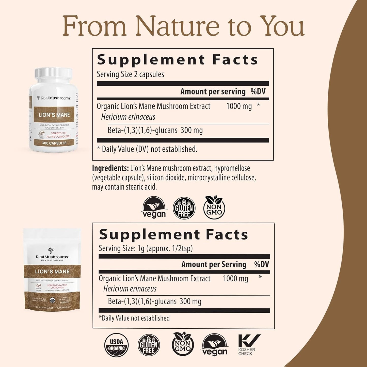 Real Mushrooms Lion’s Mane Capsules - Organic Lions Mane Mushroom Extract for Cognitive Function & Immune Support - Brain Supplements for Memory and Focus - Vegan Mushroom Supplement, 120 Caps