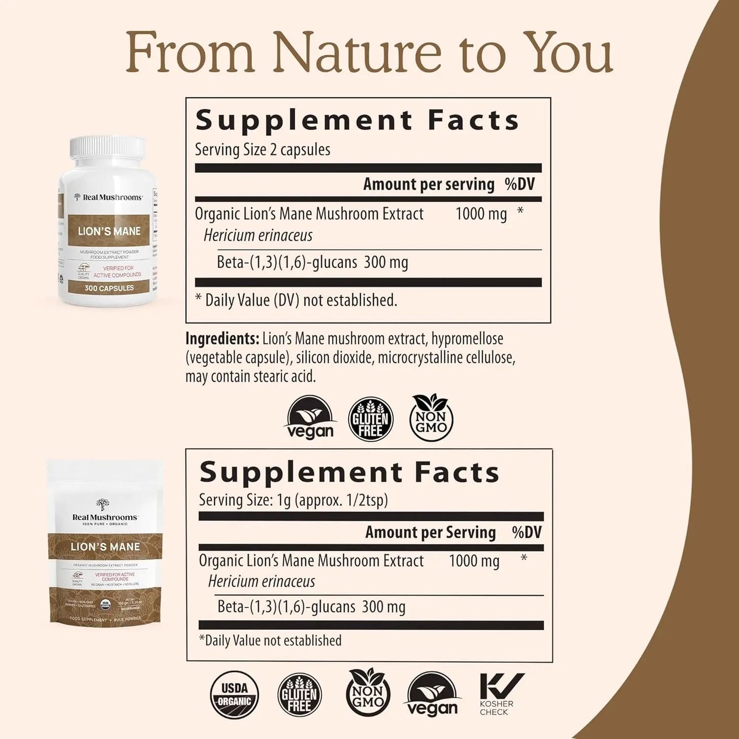 Real Mushrooms Lion’s Mane Capsules - Organic Lions Mane Mushroom Extract for Cognitive Function & Immune Support - Brain Supplements for Memory and Focus - Vegan Mushroom Supplement, 120 Caps Real Mashrooms