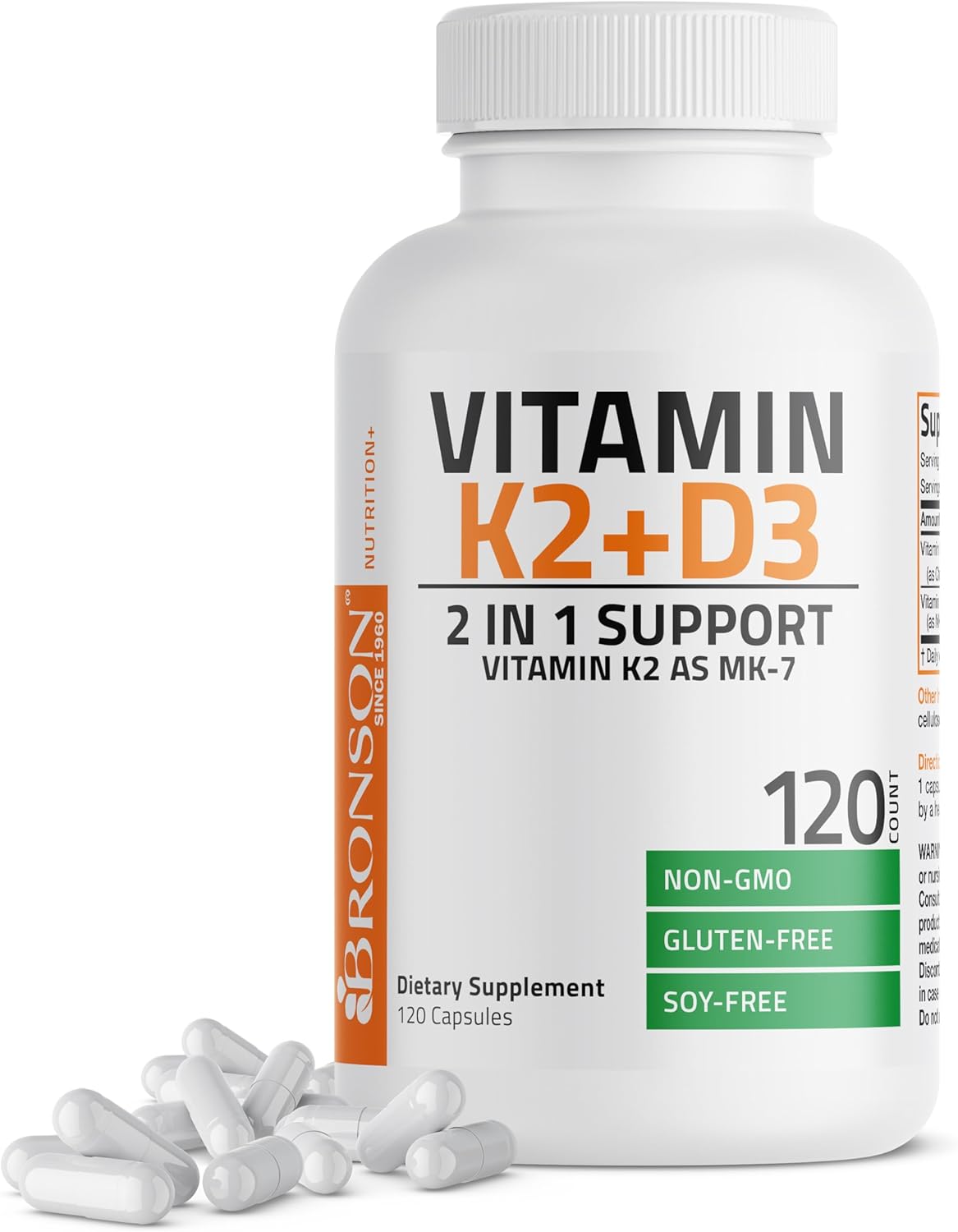Bronson Vitamin K2 (MK7) with D3 Supplement Non-GMO Formula 5000 IU Vitamin D3 & 90 mcg Vitamin K2 MK-7 Easy to Swallow Vitamin D & K Complex, 120 caps