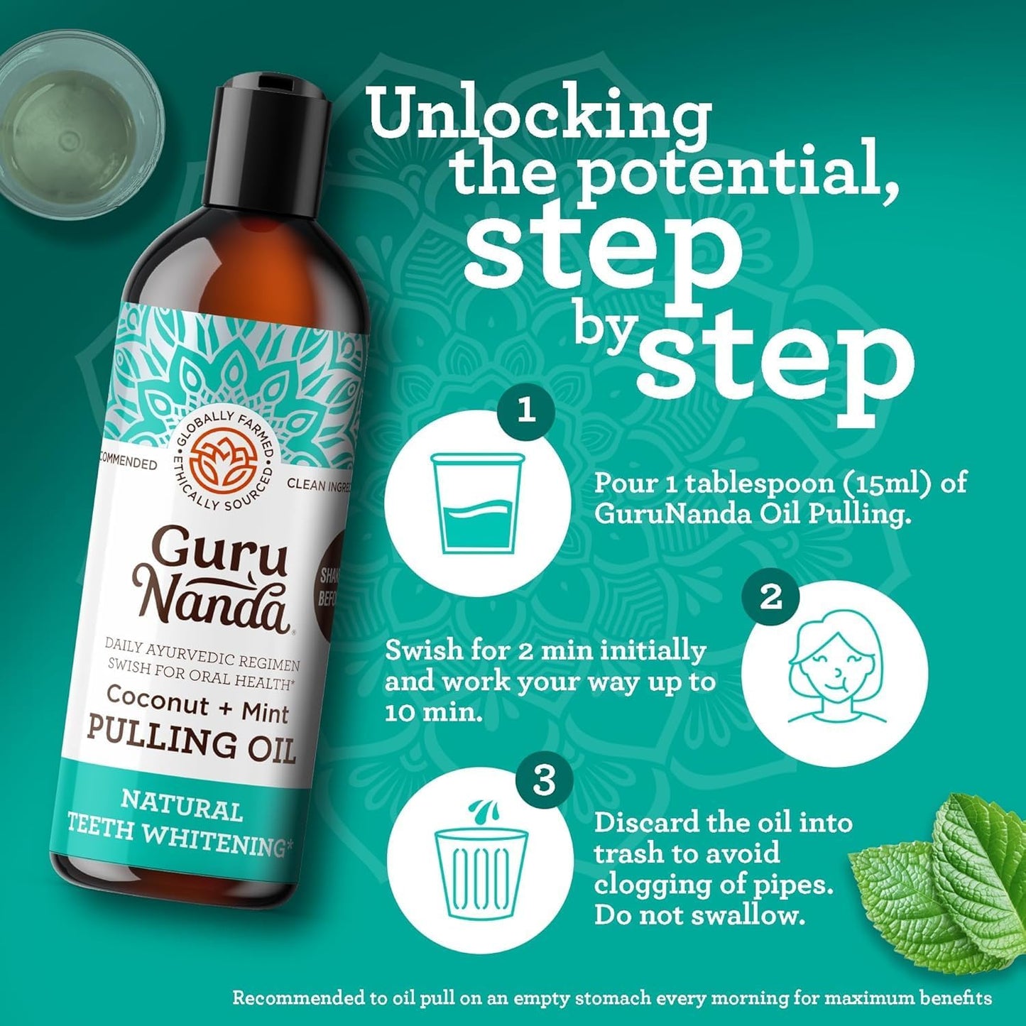 GuruNanda Oil Pulling (8 Fl.Oz) with Coconut Oil and Peppermint Oil for Oral Health, Healthy Teeth and Gums, Alcohol Free Mouthwash, Teeth Whitening, Helps with Bad Breath and Freshens Mouth
