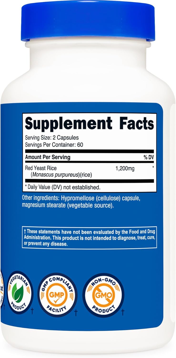 Red Yeast Rice 1200mg, 120 Capsules - 60 Serv, Veggie Caps, Non-GMO, Gluten Free