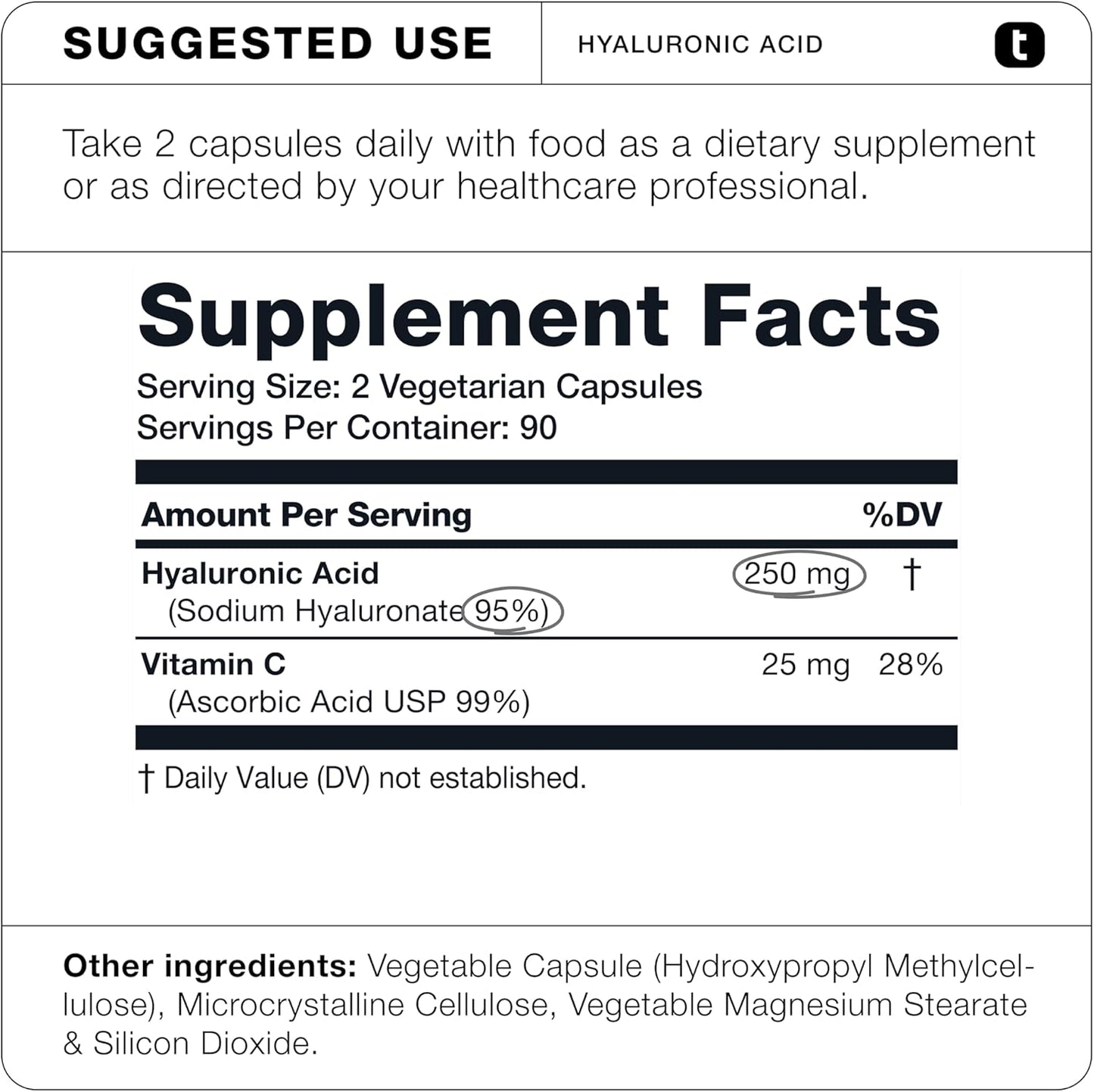 Ultra High Purity Hyaluronic Acid Capsule 275mg Formula High Strength Toniiq