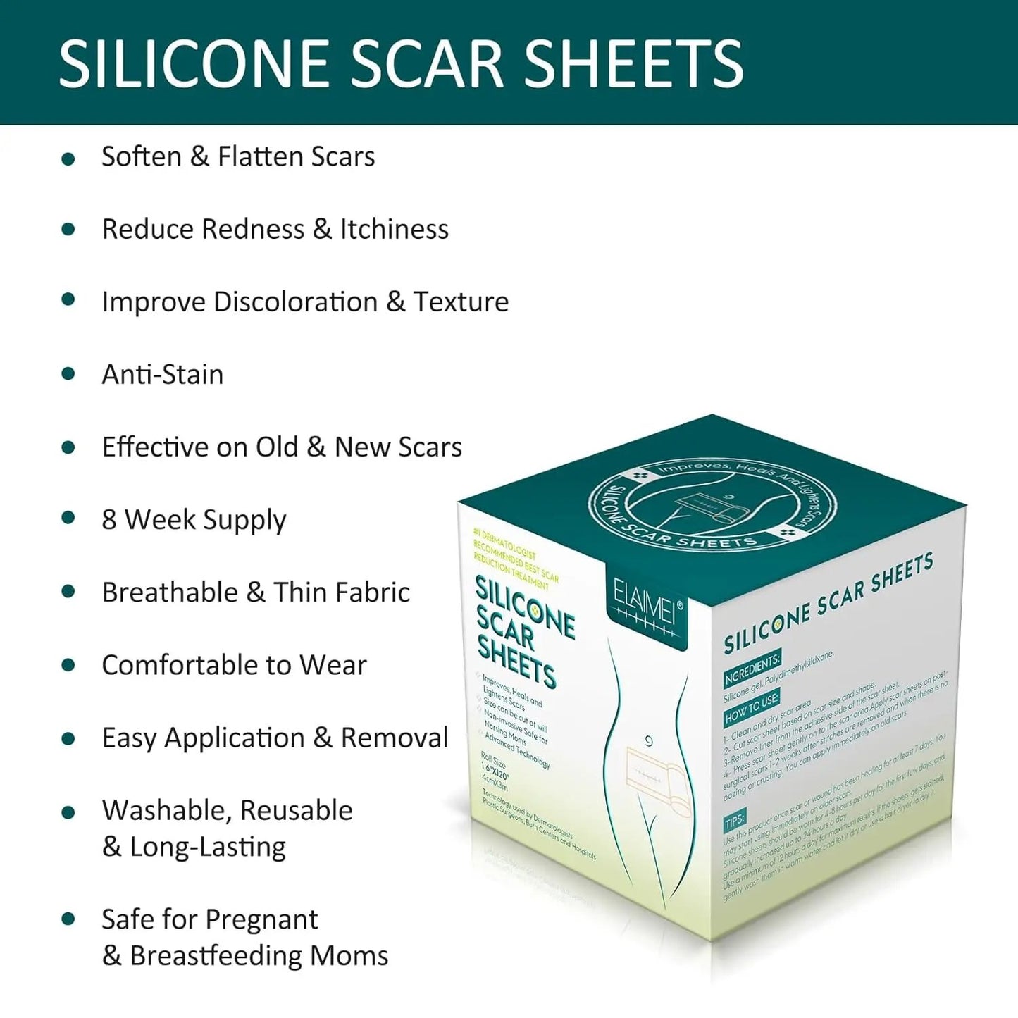 Silicone Scar Sheets (1.6” x 120” Roll-3M), Silicone Scar Tape Roll, Scar Silicone Strips, Reusable, Professional Scar Removal Sheets for C-Section, Surgery, Burn, Keloid, Acne et Vitamins Depots