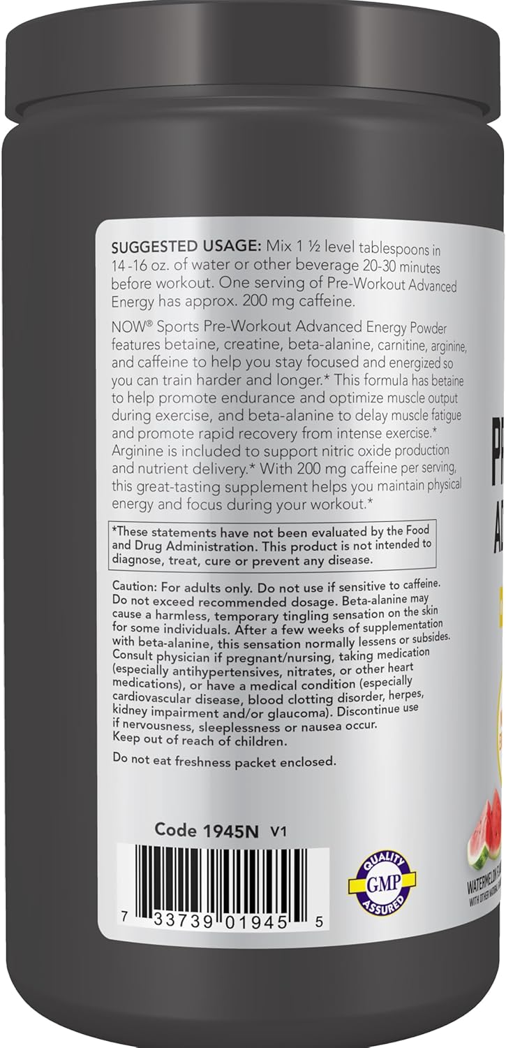NOW Sports, Pre-Workout Advanced Energy Supplement, Watermelon Flavor, 21.16 oz
