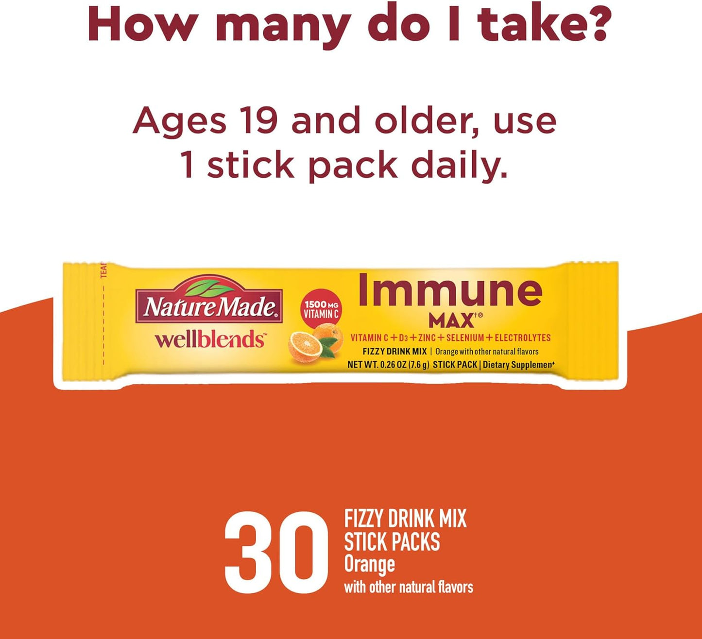 Nature Made Wellblends ImmuneMAX Fizzy Drink Mix, Vitamin C 1500mg, Zinc 15 mg, Vitamin D3 1000 IU (25 mcg), plus B Vitamins and Electrolytes Hydration Blend, 30 Stick Packs