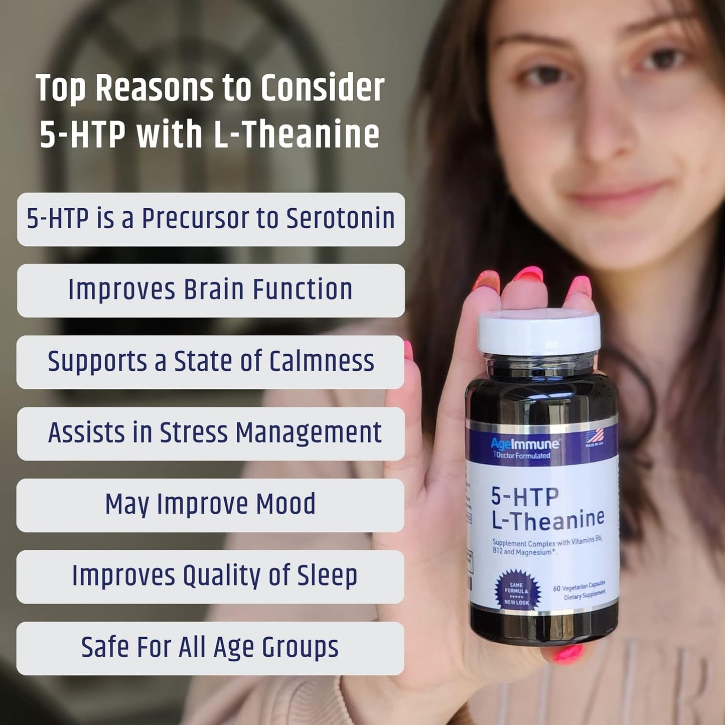 5-HTP Formula for Stress Relief and relaxation support for Teens and Adults - 60 capsules. AgeImmune