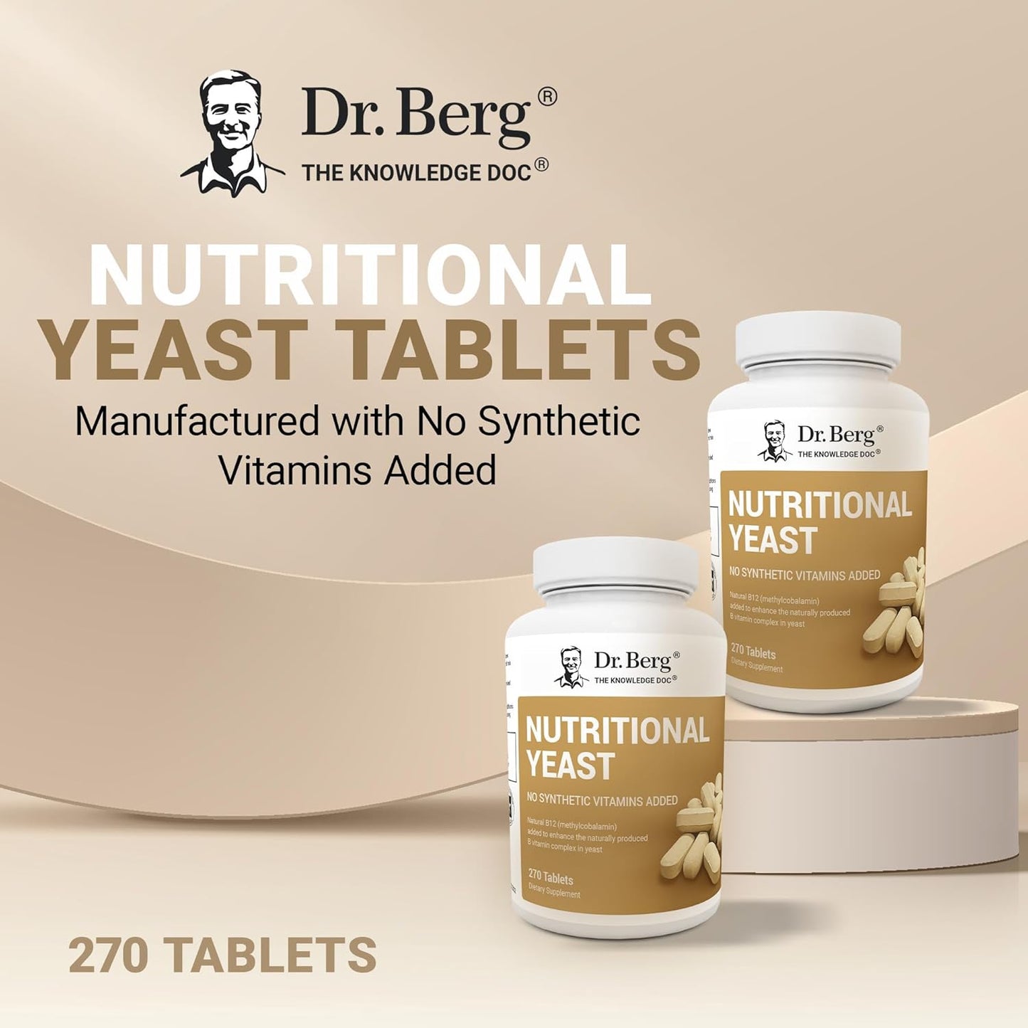 Dr. Berg Nutritional Yeast Tablets – Natural B12 Added – Organic Vanilla Flavor - 270 Vegan Tablets