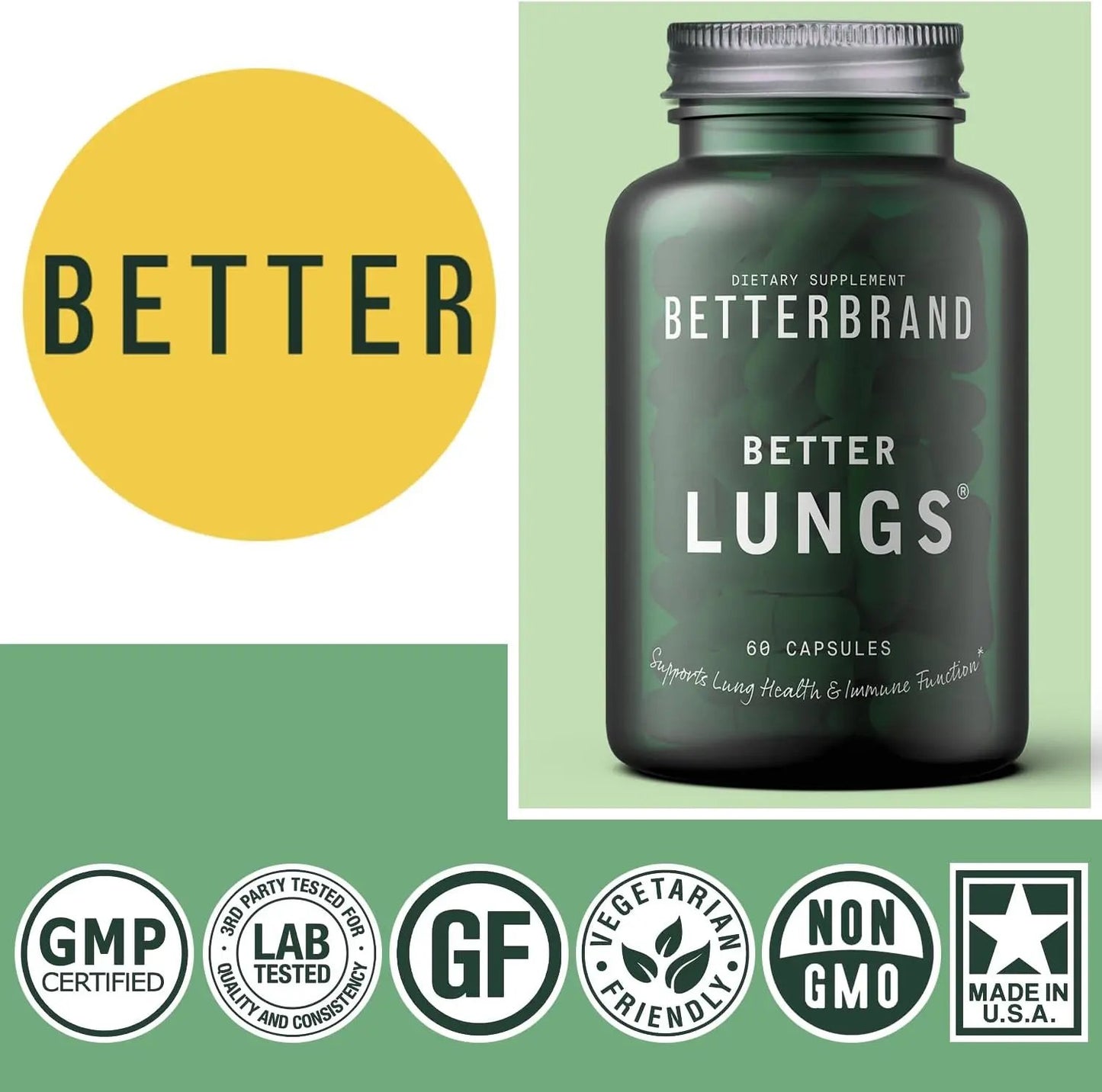 BetterLungs Daily Respiratory Health Supplement (60 Capsules) | with Vitamin D, Elderberry, Ginseng, Mullein, and Reishi Mushroom | for Lung Health, Allergy, Sinus, and Mucus Relief Betterbrand
