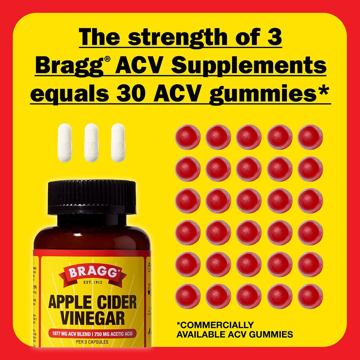 Bragg Apple Cider Vinegar Capsules - 750mg of Acetic Acid – Immune & Weight Management Support - 90 capsules