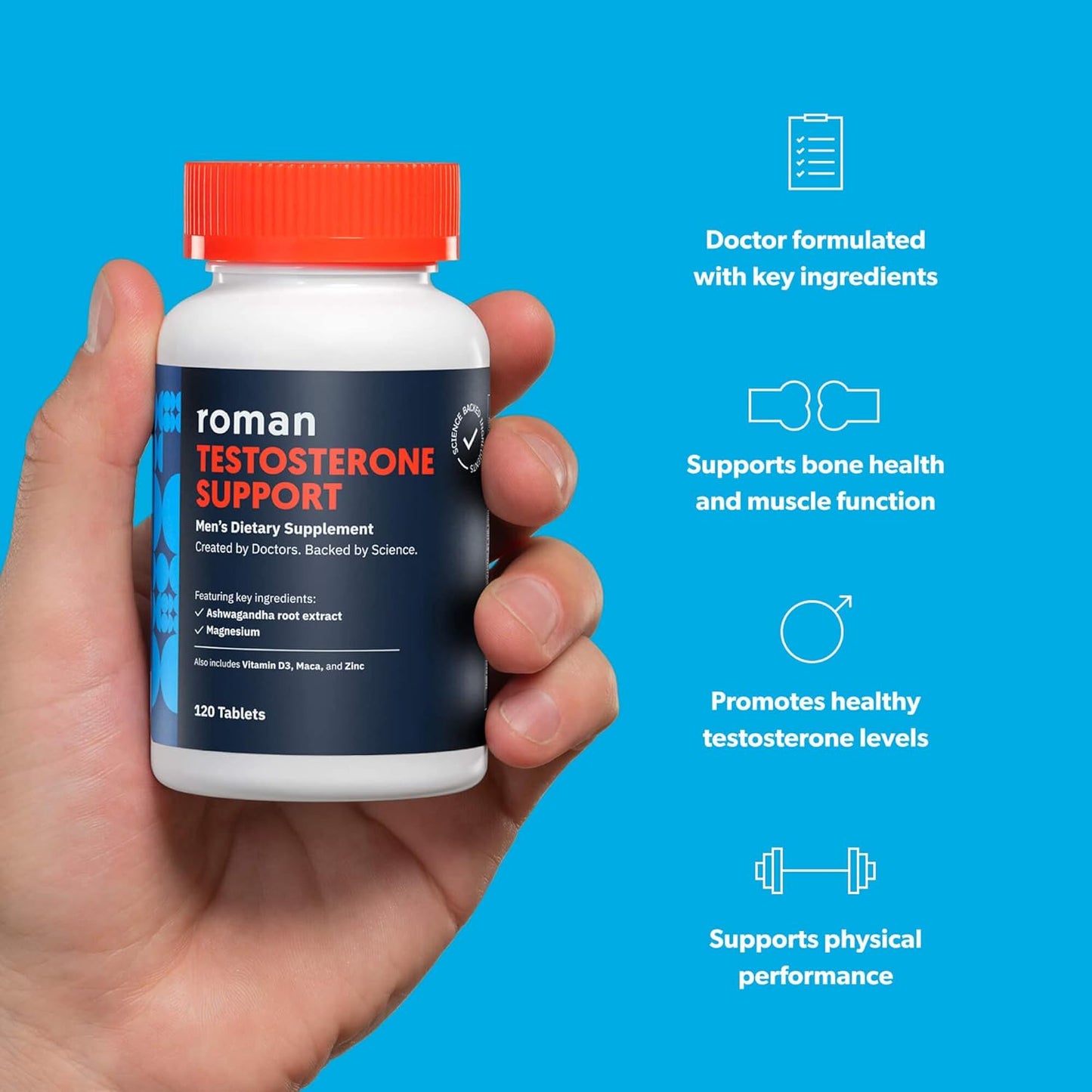 Roman Testosterone Support | Men's Daily Nutritional Supplement with Ashwagandha to Support Healthy T-Levels & Magnesium to Support Muscle Health | 30-Day Supply (120 Tablets)