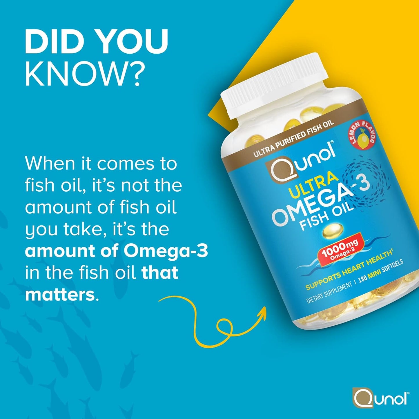 Qunol Omega 3 Fish Oil Mini Softgels, 1000mg Ultra Pure Fish Oil, Heart Health Support, Omega 3 DHA Supplements, Lemon Flavor