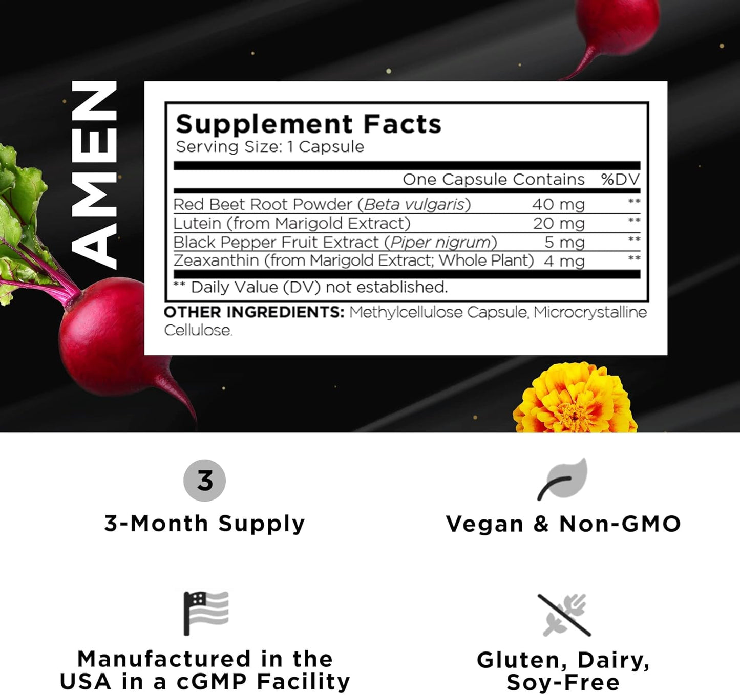 Amen Eyes Lutein Zeaxanthin Supplement - Marigold Red Beet Root Black Pepper - Eye Care, Vision Support Vitamins Formula - 3-Month Supply - Non-GMO - Vegan - 90 Capsules