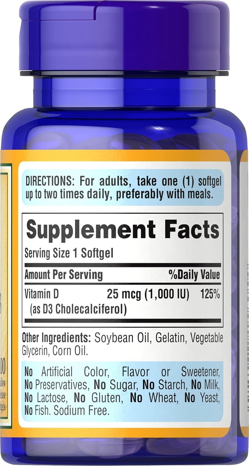 Puritan's Pride High Potency Vitamin D3 25 mcg 1000 Iu Softgels, 100