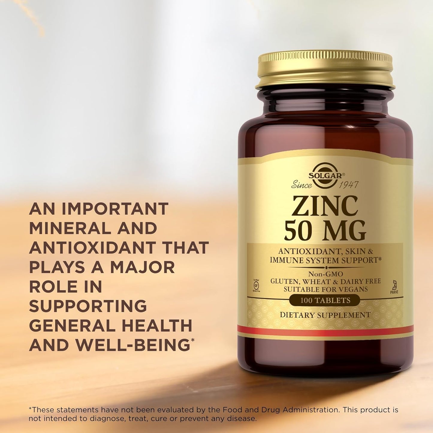SOLGAR, Zinc for Healthy Skin, Taste & Vision - Immune System & Antioxidant Support - Supports Cell Growth & DNA Formation - Non GMO, Vegan, Gluten Free - 100 Servings