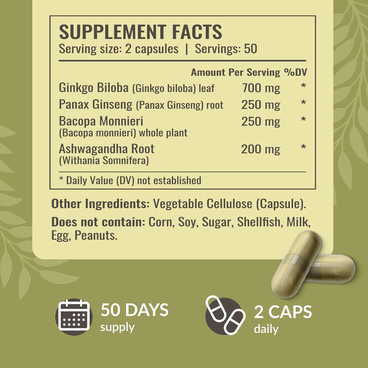 Brain Supplement - Nootropic Supplement to Support Cognitive Function, Memory, Mental Focus, Energy - Natural, Non-GMO, Vegan Formula - Ginkgo Biloba, Ginseng, Bacopa - 1400mg, 100 Capsules