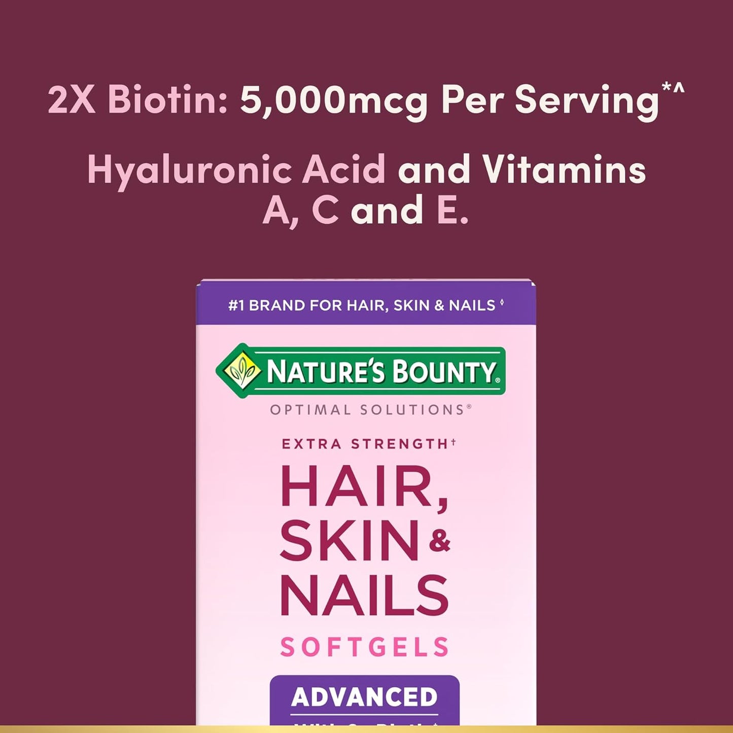 Nature's Bounty Optimal Solutions Advanced Hair, Skin and Nail Biotin & Vitamins A, C, & E, 150 Softgels