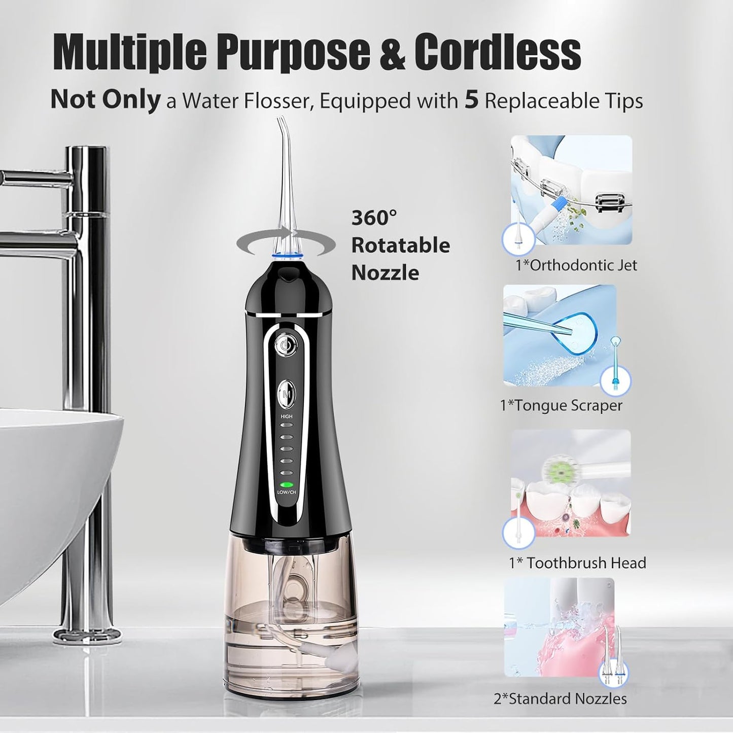 FZCOK Cordless Water Dental Flosser for Teeth Rechargeable - FZCOK 7 Clean Settings Oral Irrigator for Braces Adults Teeth Cleaning Portable with Long Battery Life, Waterproof
