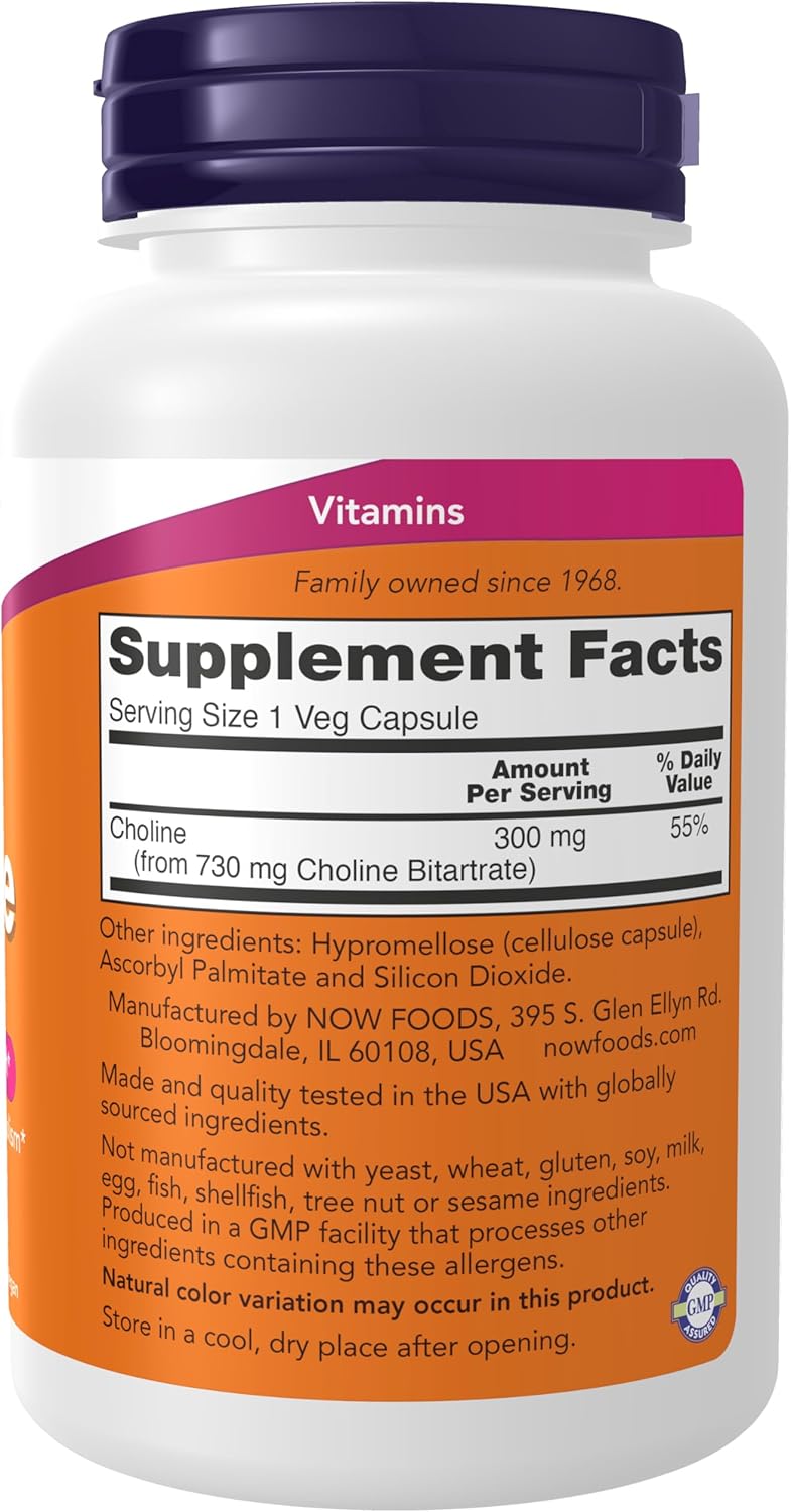 NOW Supplements Choline 300 mg, 100 Veg Capsules