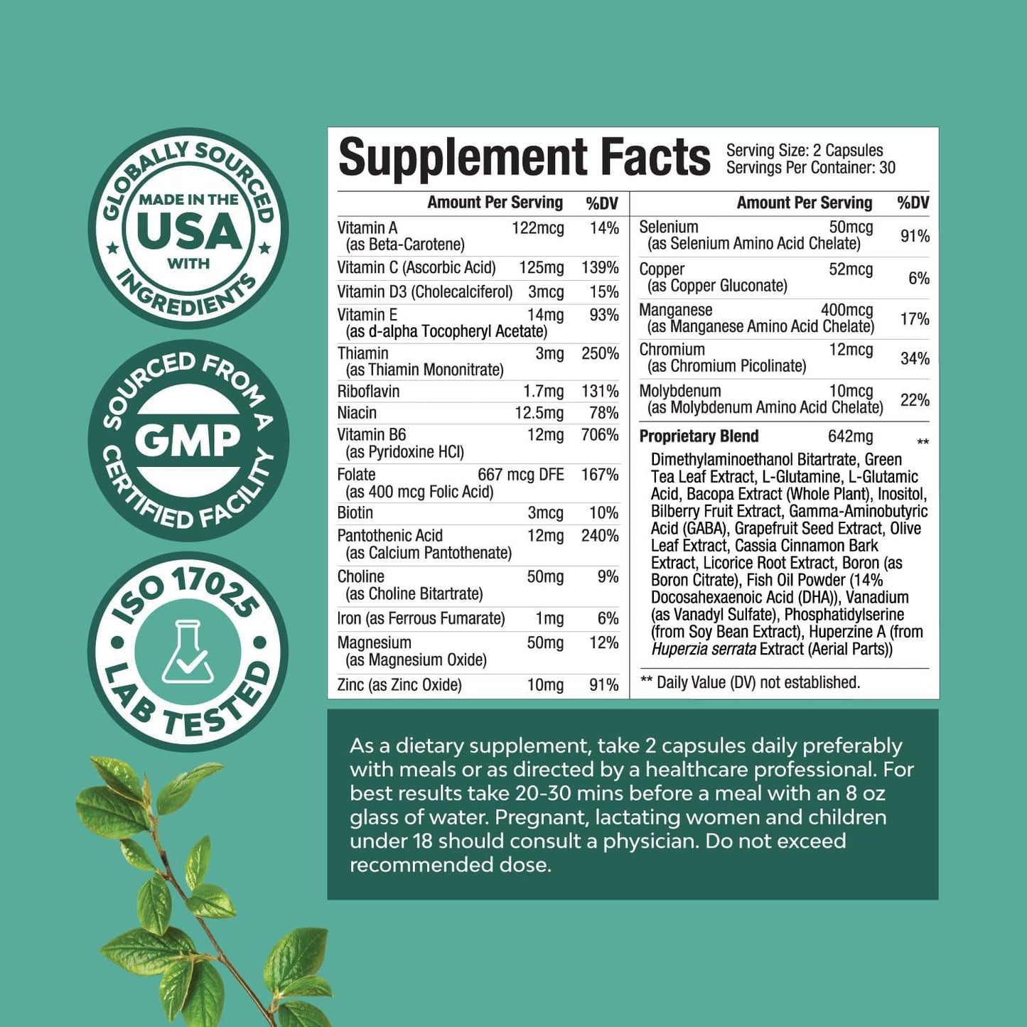 Nature Craft Advanced Brain Supplement for Memory and Focus - Nootropics Brain Support Supplement with Memory and Focus Vitamins for Adults - Memory Supplement for Brain Fog Clarity Energy & Recall