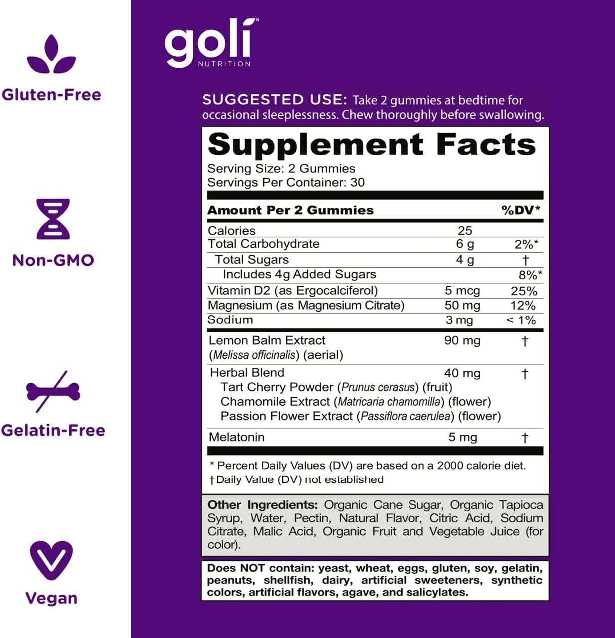 Goli Dreamy Sleep Gummy - 60 Count - Melatonin, Vitamin D, Magnesium, and Lemon Balm Extract - Gelatin-Free, Gluten-Free, Vegan & Non-GMO