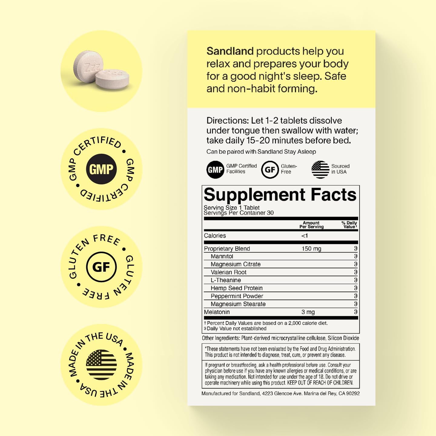Sandland Fall Asleep, Natural Daily Sleep Supplement, 30 Dissolving Tablets, Magnesium, Valerian Root, L-Theanine, Peppermint Leaf