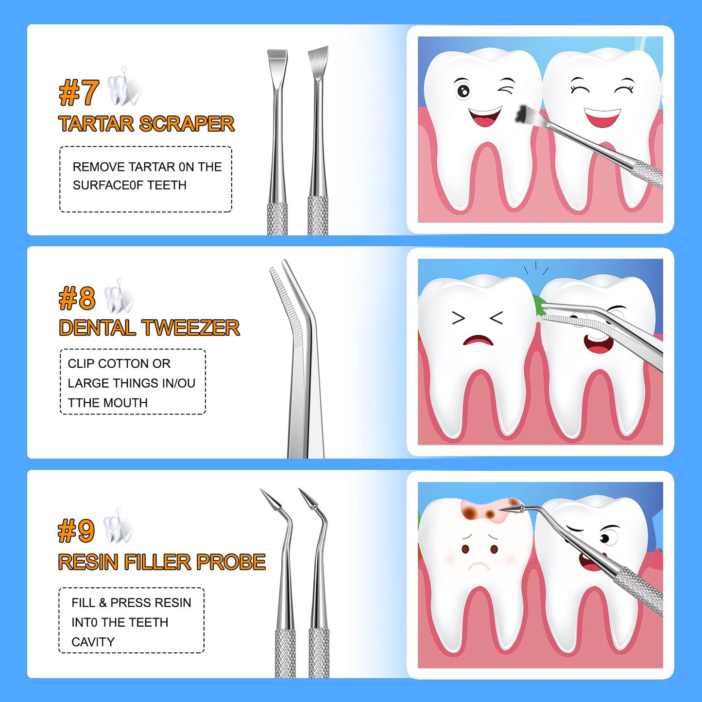 Sopito 11PCS Teeth Cleaning Tools Stainless Steel Dental Scraper, Home Use Basic Dental Tool Set